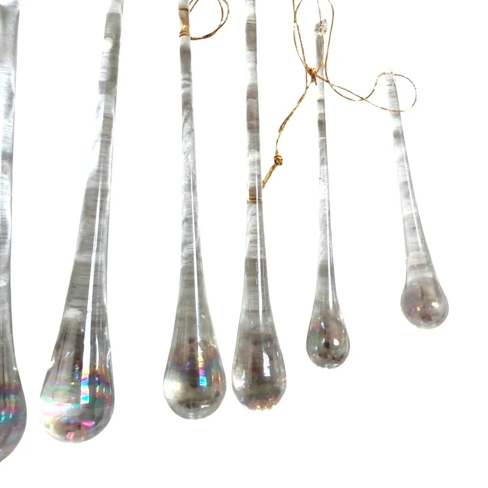 Vintage Hand Blown Glass Icicle Ornaments Purple Blue Iridescent Clear Set of 8